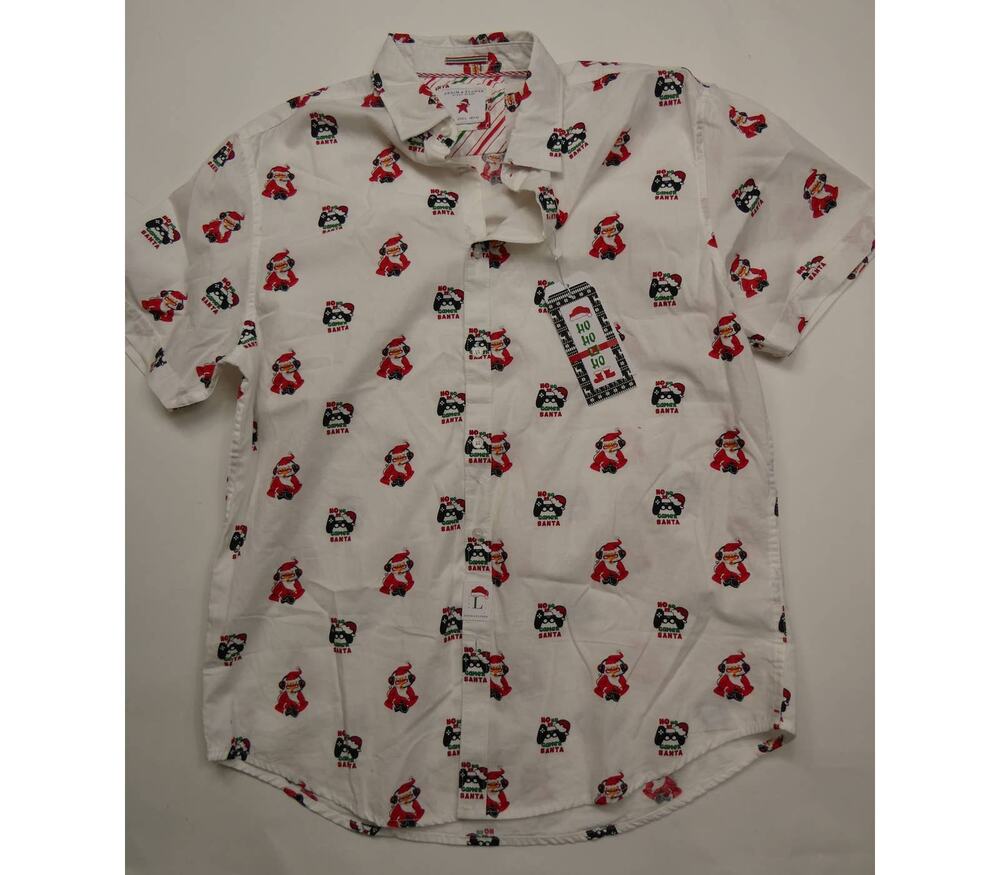 Denim & Flower Ricky Singh Santa Christmas button-front shirt, large, NEW